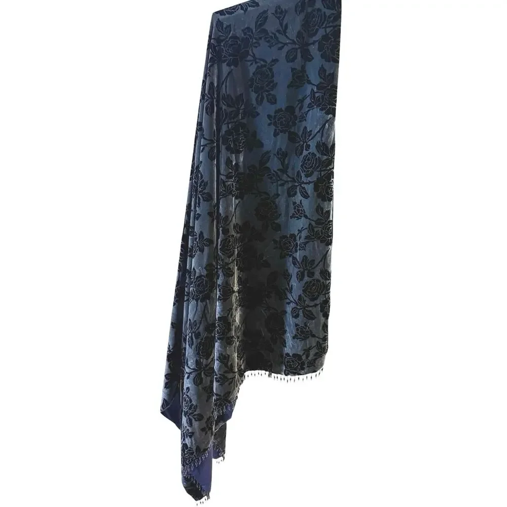 Westone Silk Velvet Burnout Floral Throw Wrap Black Gray Beaded Fringe Vintage